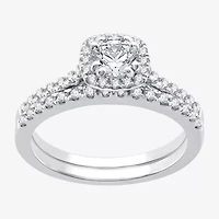 I Said Yes (H-I / I1) Womens 1 CT. T.W. Lab Grown White Diamond Sterling Silver Cushion Side Stone Halo Bridal Set