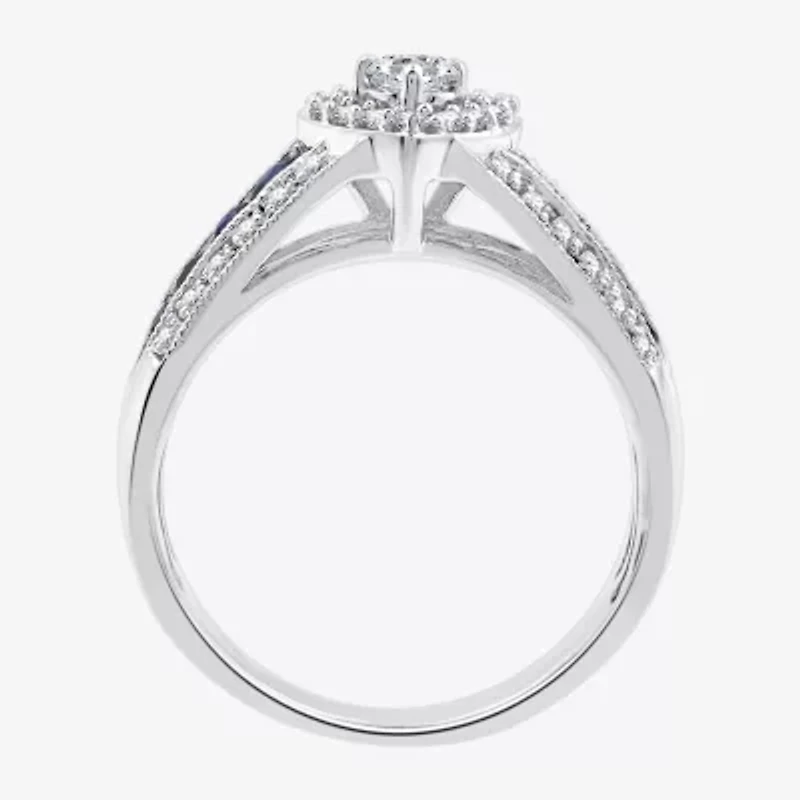 I Said Yes (H-I / I1) Womens 3/8 CT. T.W. Lab Grown White Diamond Sterling Silver Heart Side Stone Halo Engagement Ring