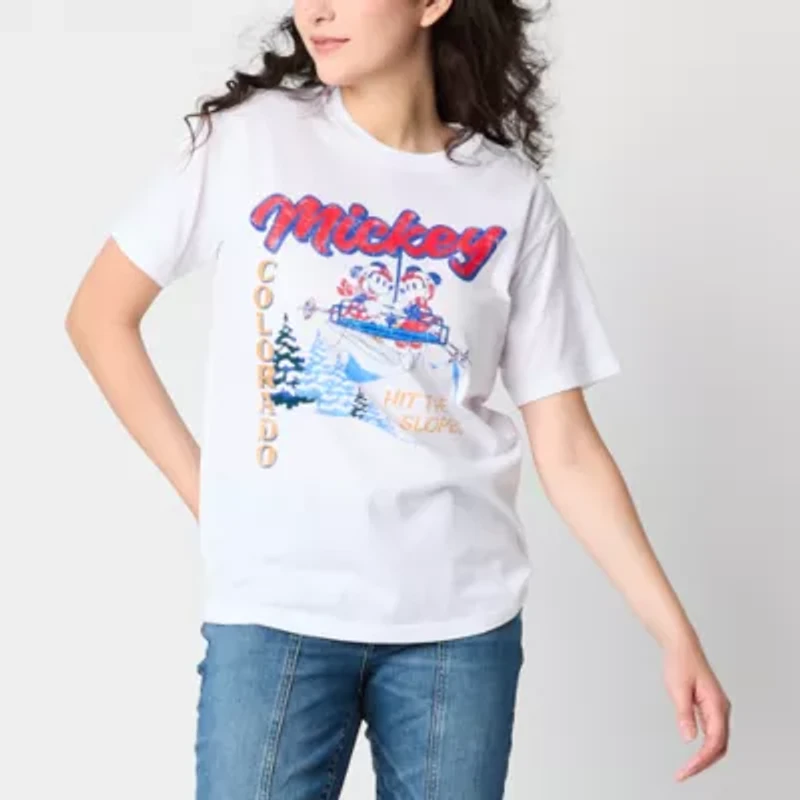Mickey And Minnie Vail Boyfriend Tee Womens Crew Neck Short Sleeve Loose Fit Mouse Juniors Graphic T-Shirt