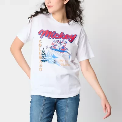 Mickey And Minnie Vail Boyfriend Tee Womens Crew Neck Short Sleeve Loose Fit Mouse Juniors Graphic T-Shirt