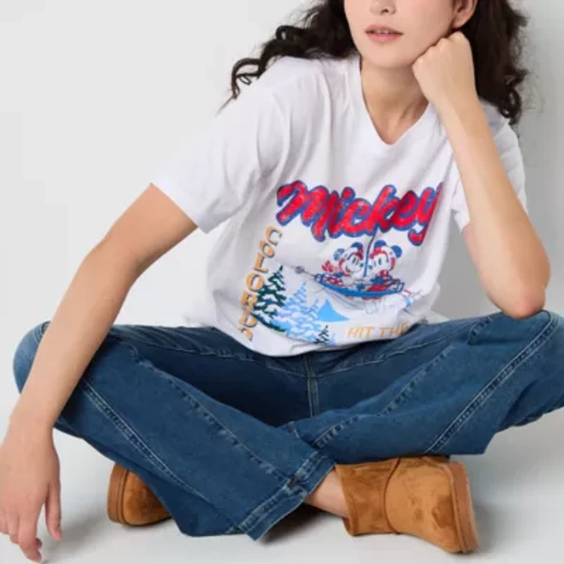 Mickey And Minnie Vail Boyfriend Tee Womens Crew Neck Short Sleeve Loose Fit Mouse Juniors Graphic T-Shirt