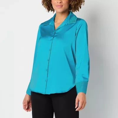 52seven Womens V Neck Long Sleeve Cuffed Sleeve Regular Fit Button-Down Shirt