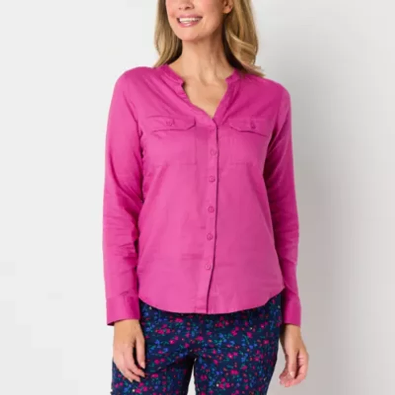 St. John's Bay Womens Long Sleeve Cuffed Sleeve Regular Fit Button-Down Shirt