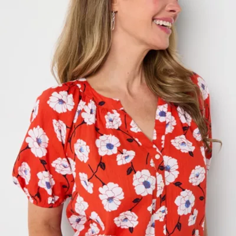 St. John's Bay Womens Split Crew Neck Short Sleeve Blouse