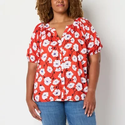 St. John's Bay Womens Plus Split Crew Neck Short Sleeve Blouse