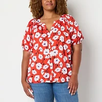 St. John's Bay Womens Plus Split Crew Neck Short Sleeve Blouse