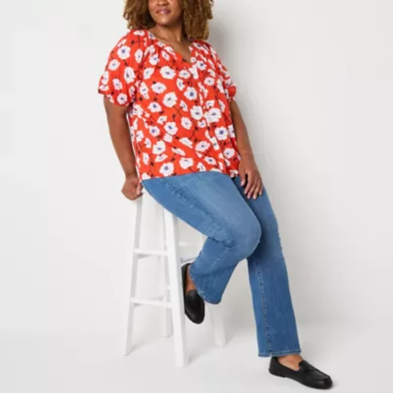 St. John's Bay Womens Plus Split Crew Neck Short Sleeve Blouse