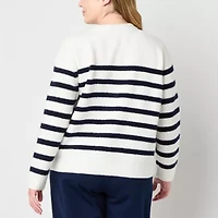 Liz Claiborne Plus Womens Crew Neck Long Sleeve Striped Pullover Sweater