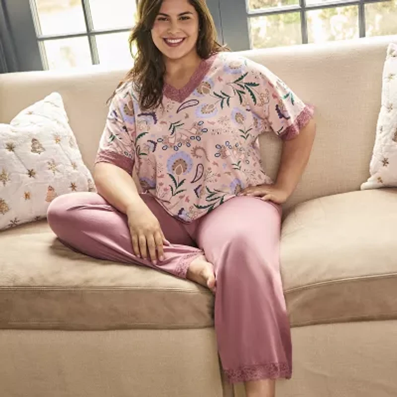 Ilusion Womens Round Neck Short Sleeve 2-pc. Pajama Sets