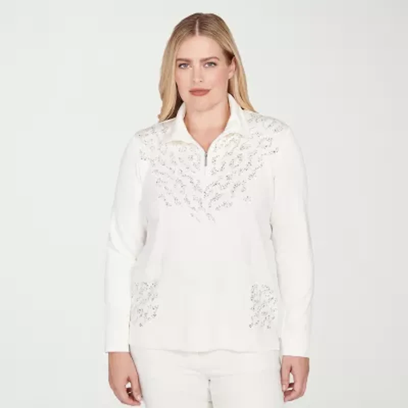 Alfred Dunner Vienna Womens 3/4 Sleeve Quarter-Zip Pullover