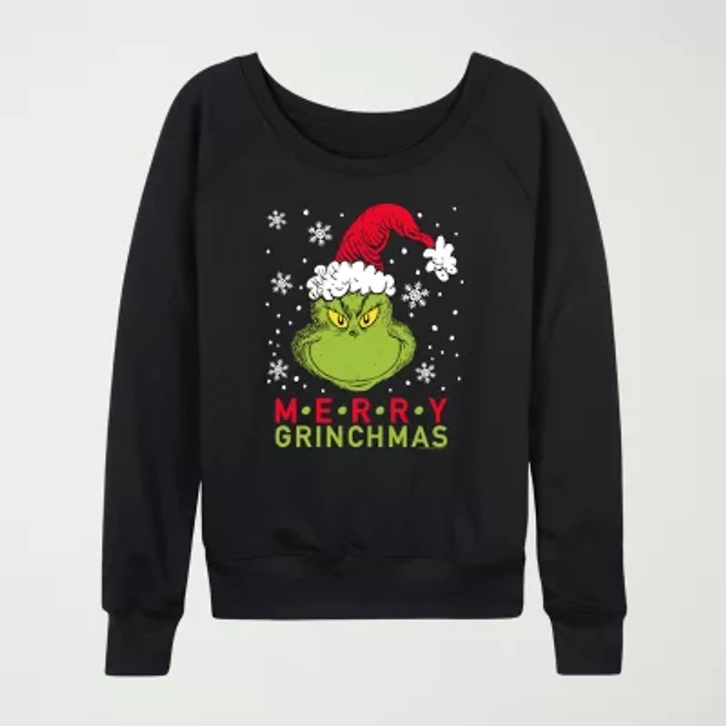 Womens Crew Neck Long Sleeve Regular Fit Grinch Graphic T-Shirt