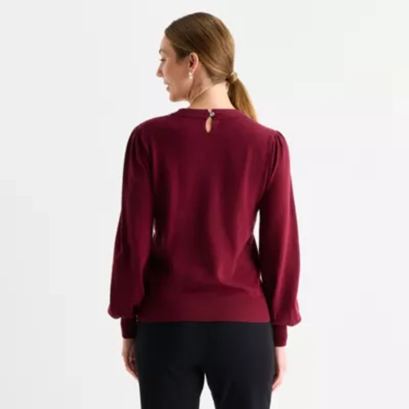 Liz Claiborne Womens Crew Neck Embellished Long Sleeve Pullover Sweater