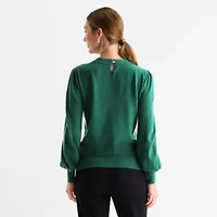 Liz Claiborne Womens Keyhole Neck Embellished Long Sleeve Pullover Sweater