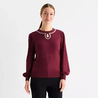 Liz Claiborne Womens Crew Neck Embellished Long Sleeve Pullover Sweater