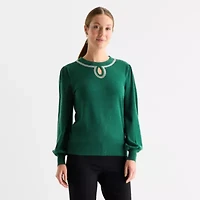 Liz Claiborne Womens Keyhole Neck Embellished Long Sleeve Pullover Sweater