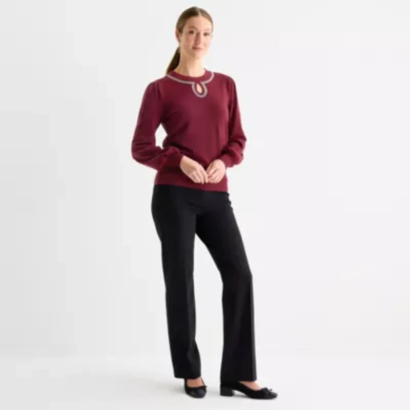 Liz Claiborne Womens Crew Neck Embellished Long Sleeve Pullover Sweater