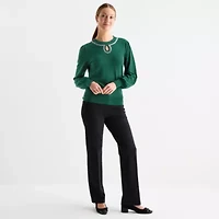 Liz Claiborne Womens Keyhole Neck Embellished Long Sleeve Pullover Sweater