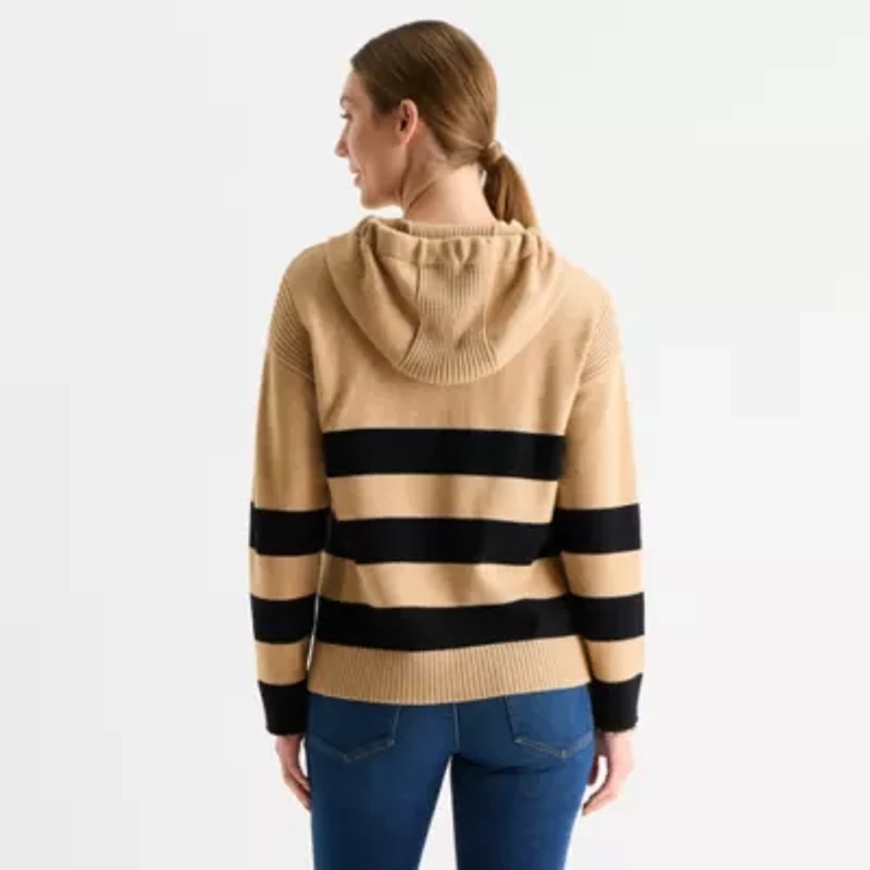 Liz Claiborne Womens Hooded Long Sleeve Striped Pullover Sweater