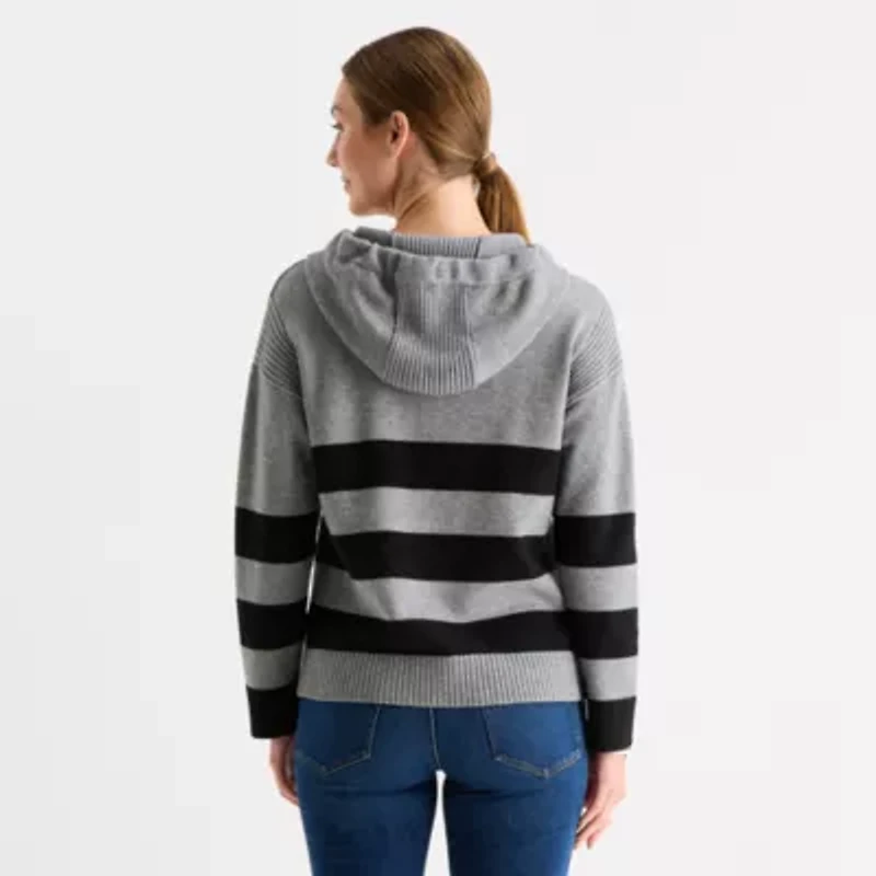 Liz Claiborne Womens Hooded Long Sleeve Striped Pullover Sweater