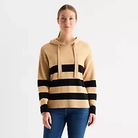 Liz Claiborne Womens Hooded Long Sleeve Striped Pullover Sweater