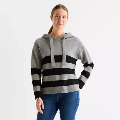 Liz Claiborne Womens Hooded Long Sleeve Striped Pullover Sweater