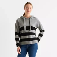 Liz Claiborne Womens Hooded Long Sleeve Striped Pullover Sweater