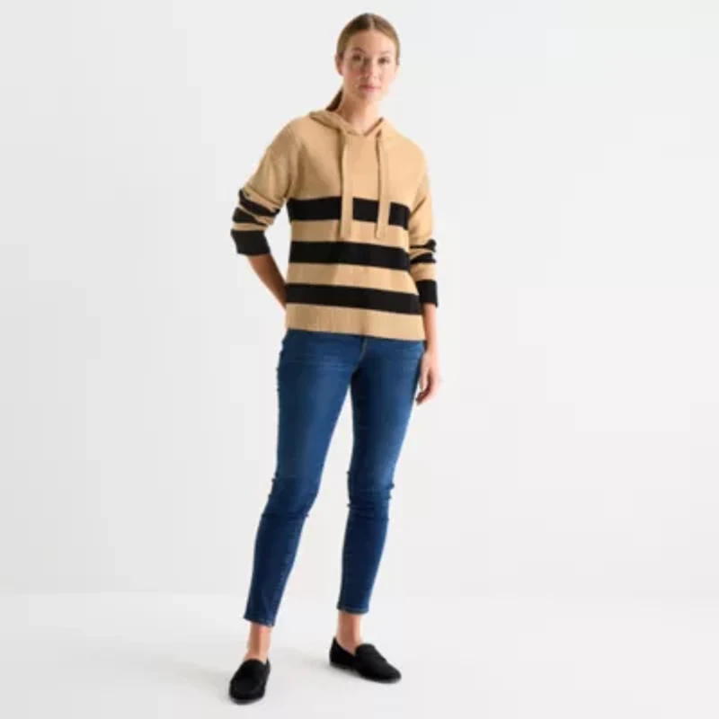 Liz Claiborne Womens Hooded Long Sleeve Striped Pullover Sweater