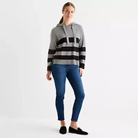 Liz Claiborne Womens Hooded Long Sleeve Striped Pullover Sweater