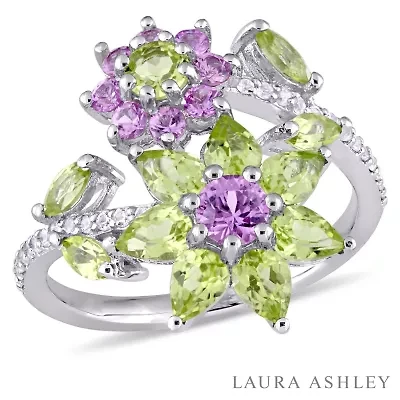 Laura Ashley Womens Genuine Green Peridot Sterling Silver Flower Cocktail Ring