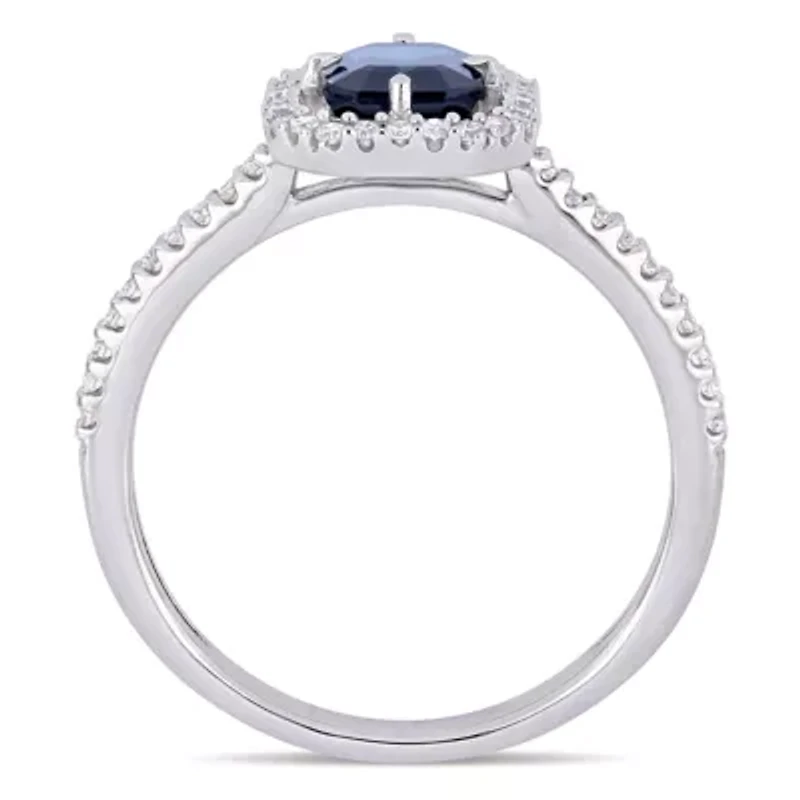 Modern Bride Gemstone Womens 1/4 CT. T.W. Genuine Blue Sapphire 14K White Gold Halo Engagement Ring