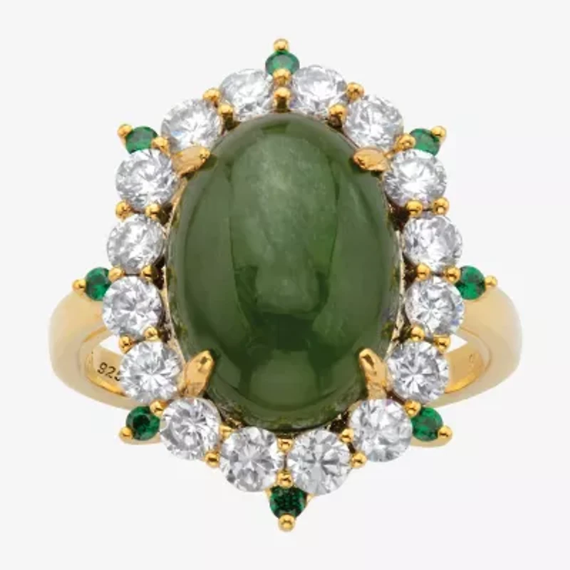 Womens Genuine Green Jade 18K Gold Over Silver Cocktail Ring