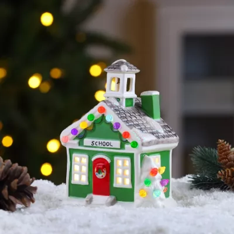 Lighted Ceramic Christmas Village School Tabletop Decor