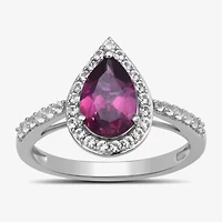 Womens Genuine Red Garnet Sterling Silver Pear Halo Cocktail Ring
