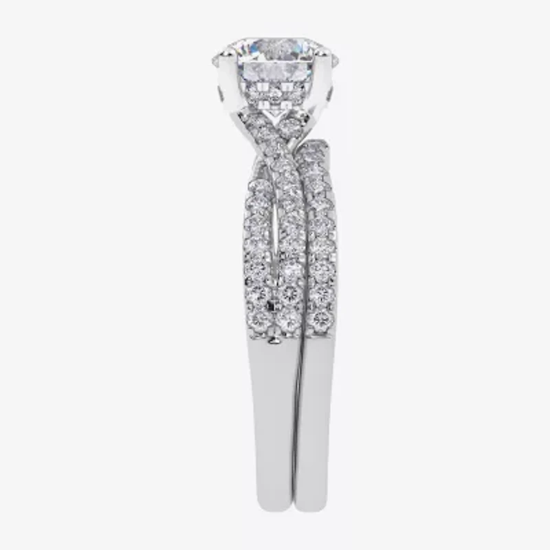 (H-I / Si2-I1) Womens 1 1/2 CT. T.W. Lab Grown White Diamond 10K Gold Round Side Stone Bridal Set