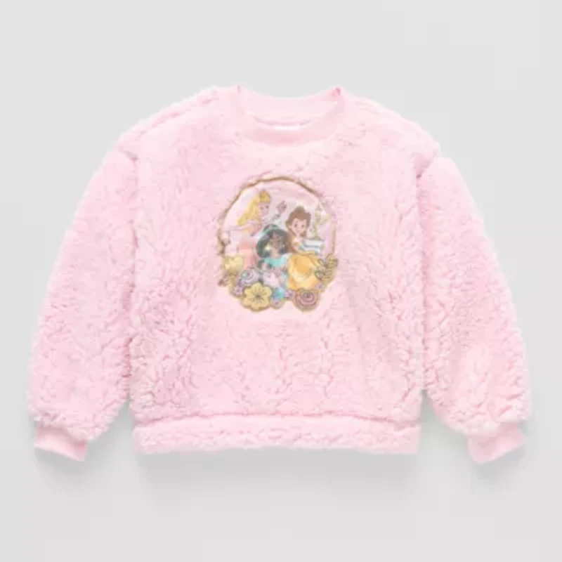 Disney Collection Little & Big Kid Girls Crew Neck Fleece Embroidered Long Sleeve Princess Sweatshirt
