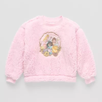 Disney Collection Little & Big Kid Girls Crew Neck Fleece Embroidered Long Sleeve Princess Sweatshirt
