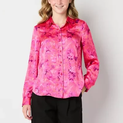 by&by Womens Juniors Long Sleeve Regular Fit Button-Down Shirt