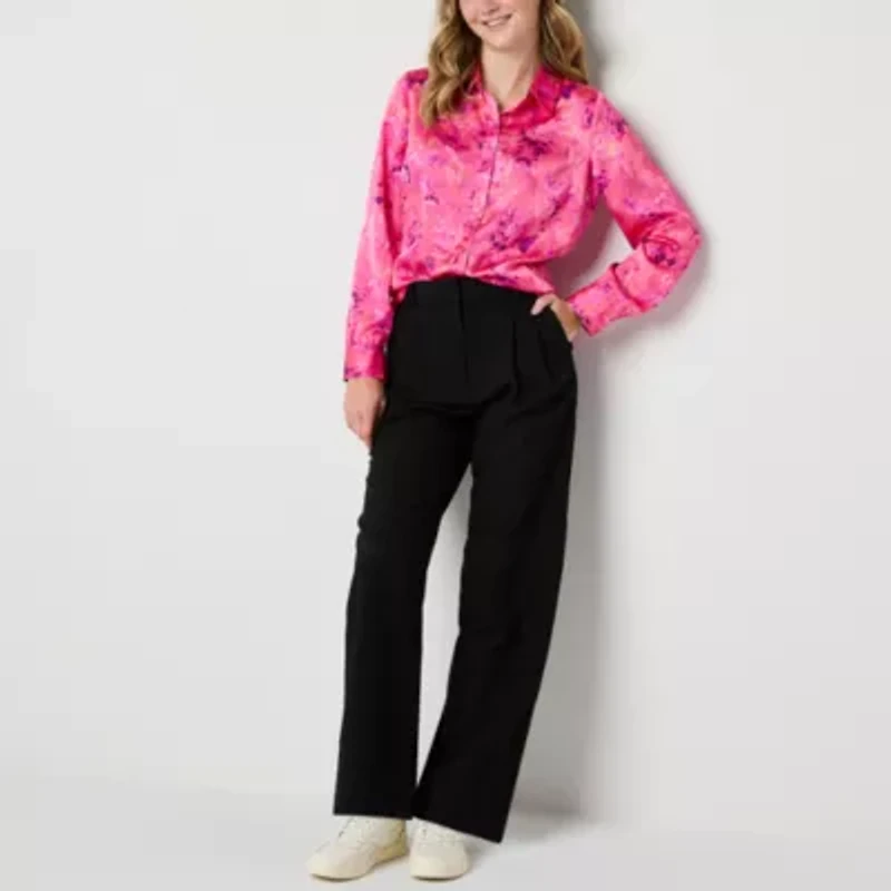 by&by Womens Juniors Long Sleeve Regular Fit Button-Down Shirt