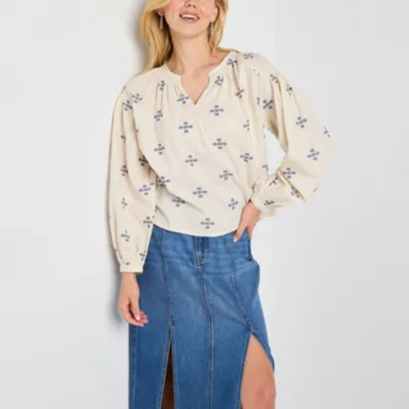 a.n.a Embroidered Womens Long Sleeve Blouse