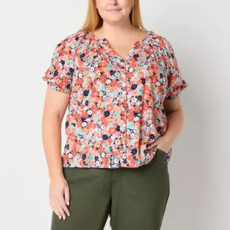 St. John's Bay Womens Split Crew Neck Short Sleeve Plus Blouse