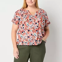 St. John's Bay Womens Split Crew Neck Short Sleeve Plus Blouse