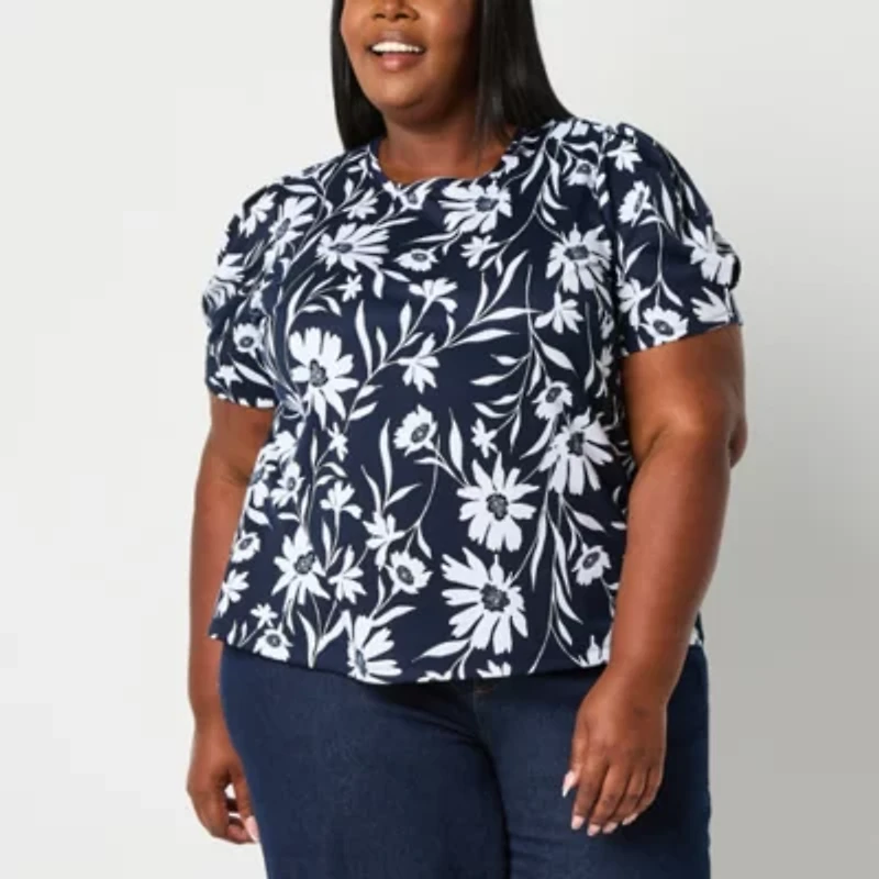 Liz Claiborne Texture Womens Crew Neck Short Sleeve Plus Blouse