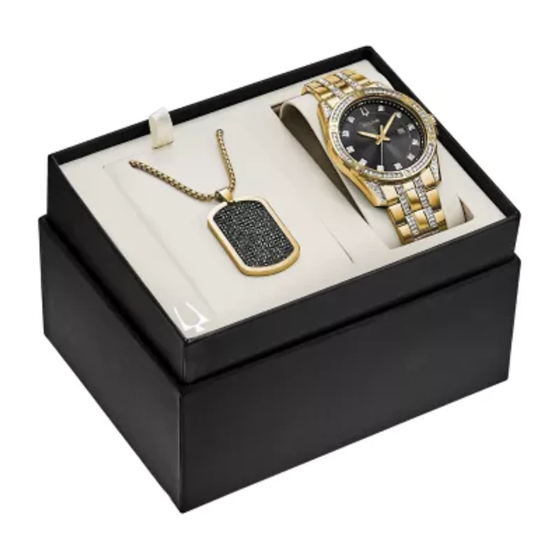 Bulova Crystal Mens Crystal Accent Gold Tone Stainless Steel 2-pc. Watch Boxed Set 98k107