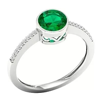 Womens Diamond Accent Genuine Green Emerald 10K Gold Cocktail Ring