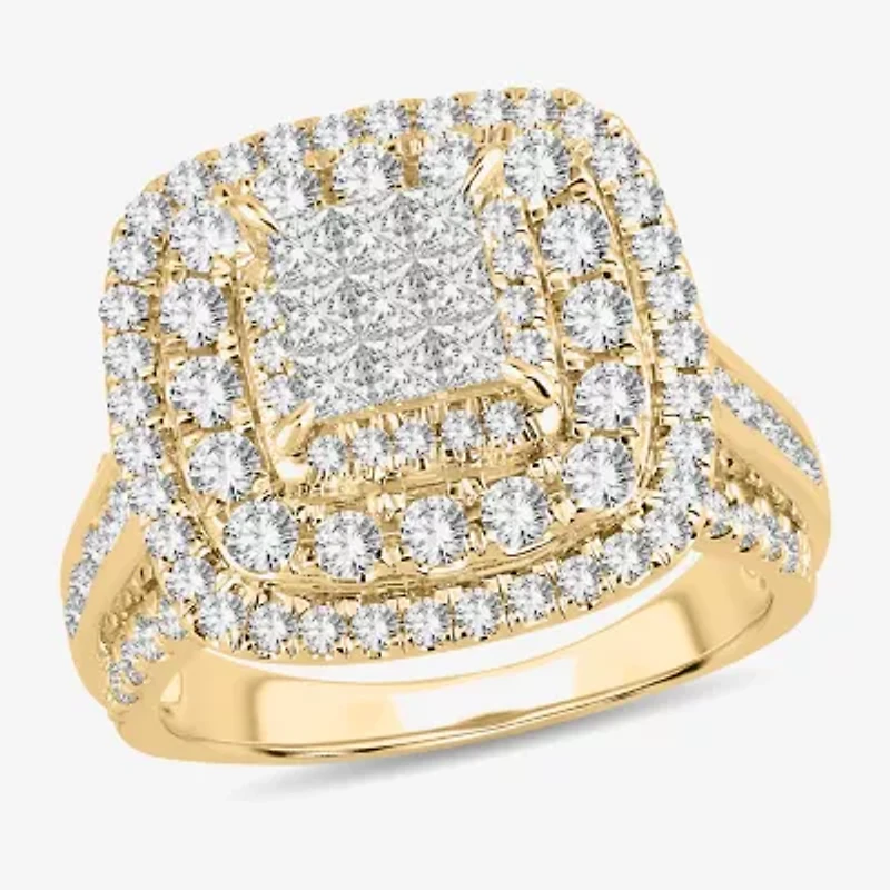 Signature By Modern Bride Womens 2 CT. T.W. Natural White Diamond 10K Gold Cushion Side Stone Halo Engagement Ring