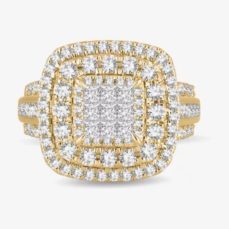 Signature By Modern Bride Womens 2 CT. T.W. Natural White Diamond 10K Gold Cushion Side Stone Halo Engagement Ring