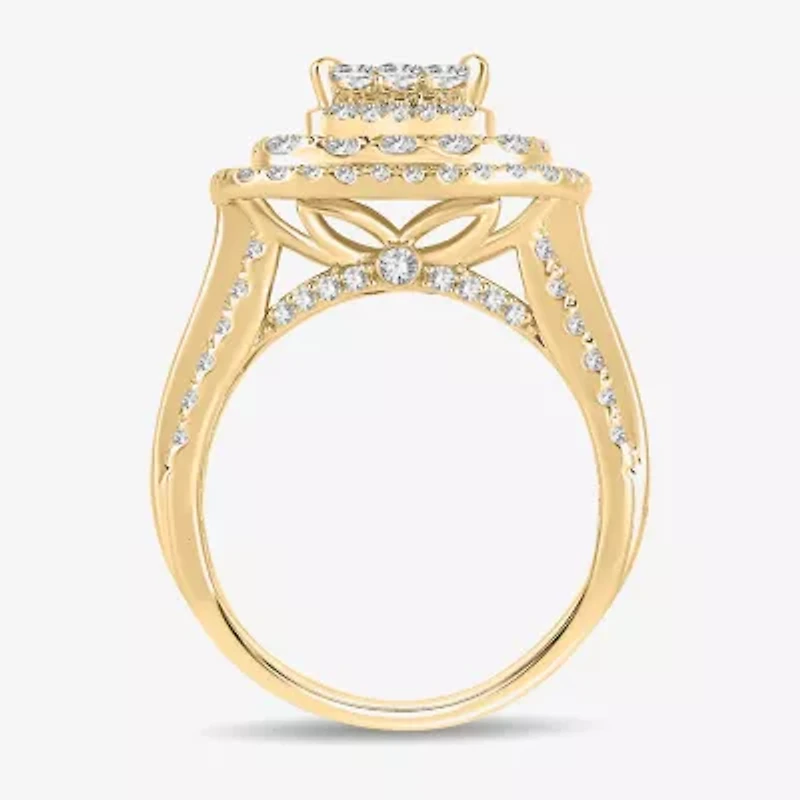 Signature By Modern Bride Womens 2 CT. T.W. Natural White Diamond 10K Gold Cushion Side Stone Halo Engagement Ring