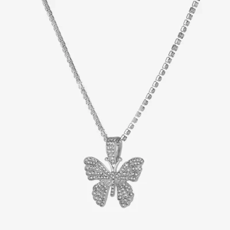 JS Jessica Simpson Silver Tone Womens Crystal Alloy Butterfly 18 1/2 Inch Pendant Necklace