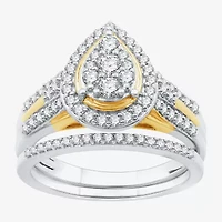 (H-I/I1) Womens 3/4 CT. T.W. Lab Grown White Diamond 14K Two Tone Gold Over Silver Pear Side Stone Halo Bridal Set