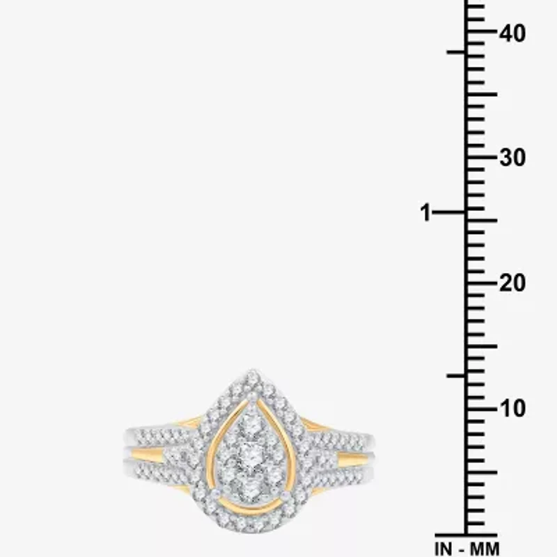 (H-I/I1) Womens 3/4 CT. T.W. Lab Grown White Diamond 14K Two Tone Gold Over Silver Pear Side Stone Halo Bridal Set